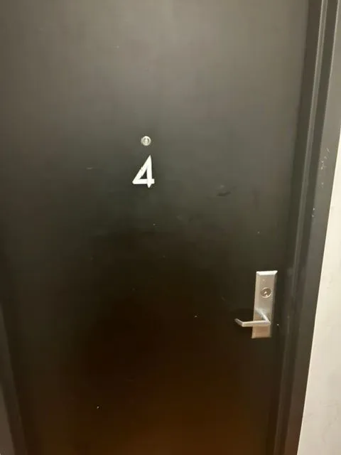 Dark apartment entrance door marked number 4